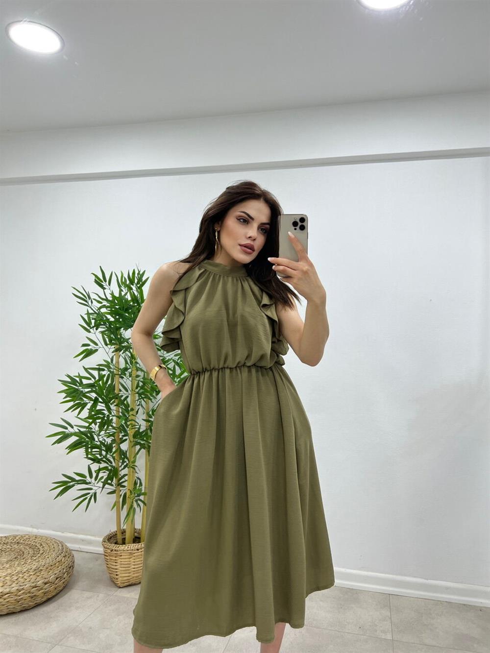 Boyundan Bağlamali Keten Elbi̇se Haki̇ Yeşi̇l