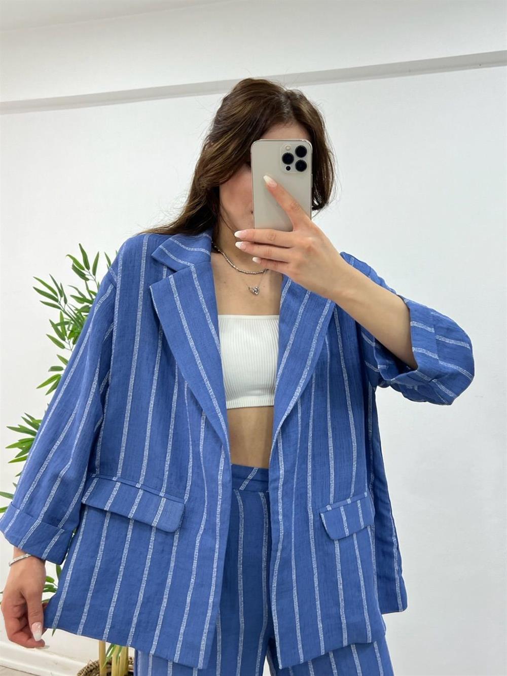 Çi̇zgi̇li̇ Astarsiz Keten Ceket Mavi̇