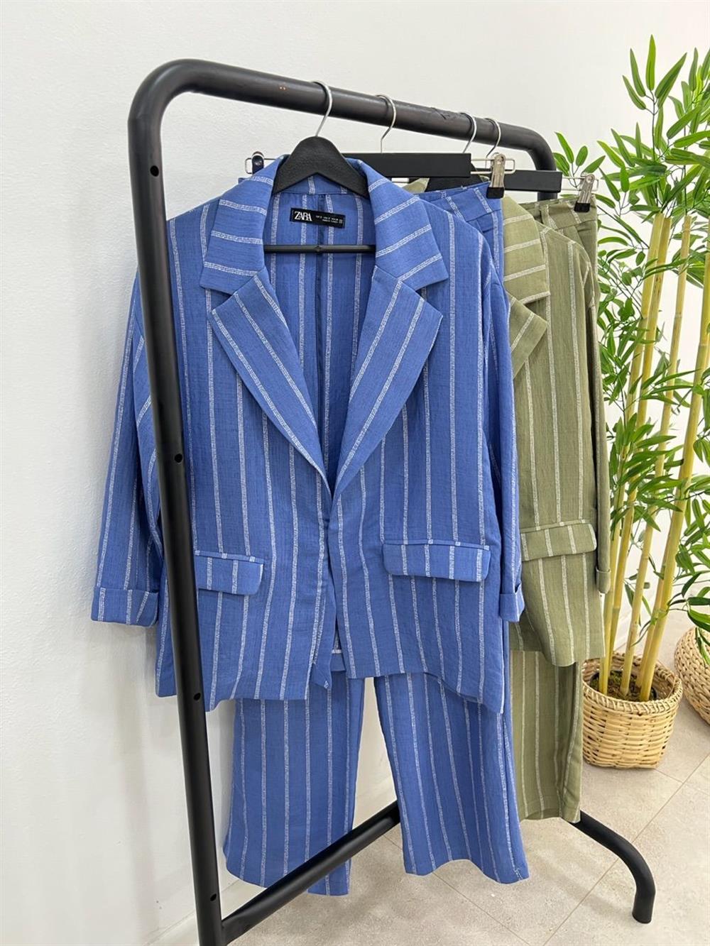 Çi̇zgi̇li̇ Astarsiz Keten Ceket Mavi̇