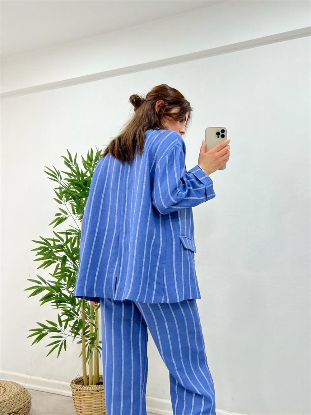 Çi̇zgi̇li̇ Astarsiz Keten Ceket Mavi̇