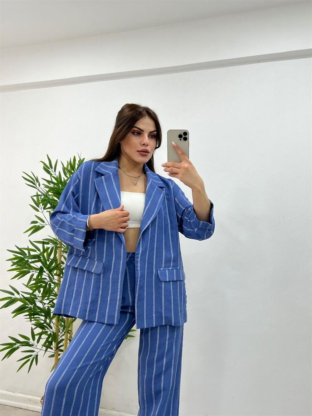 Çi̇zgi̇li̇ Astarsiz Keten Ceket Mavi̇