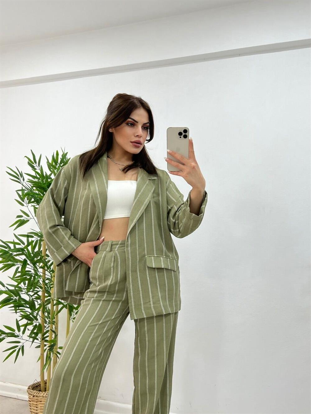 Çi̇zgi̇li̇ Astarsiz Keten Ceket Yeşi̇l