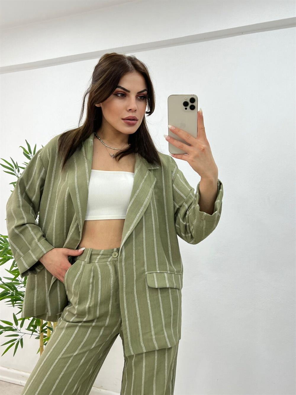 Çi̇zgi̇li̇ Astarsiz Keten Ceket Yeşi̇l