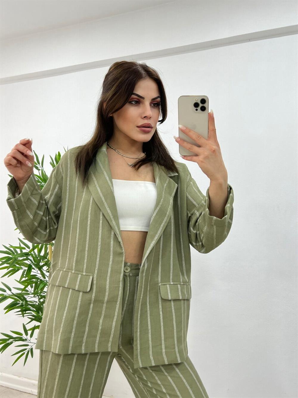 Çi̇zgi̇li̇ Astarsiz Keten Ceket Yeşi̇l