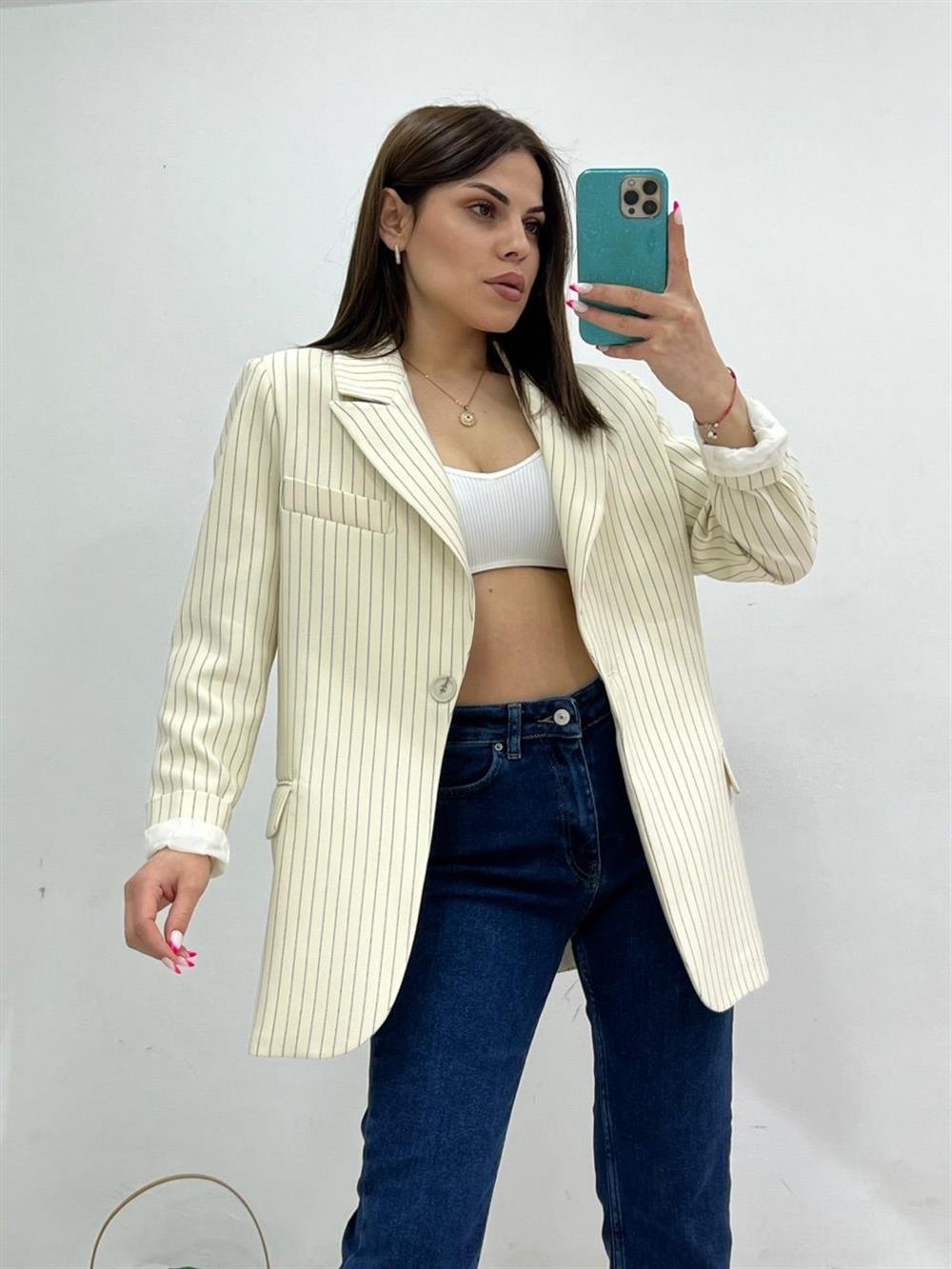 Çi̇zgi̇li̇ Blazer Ceket Ekru