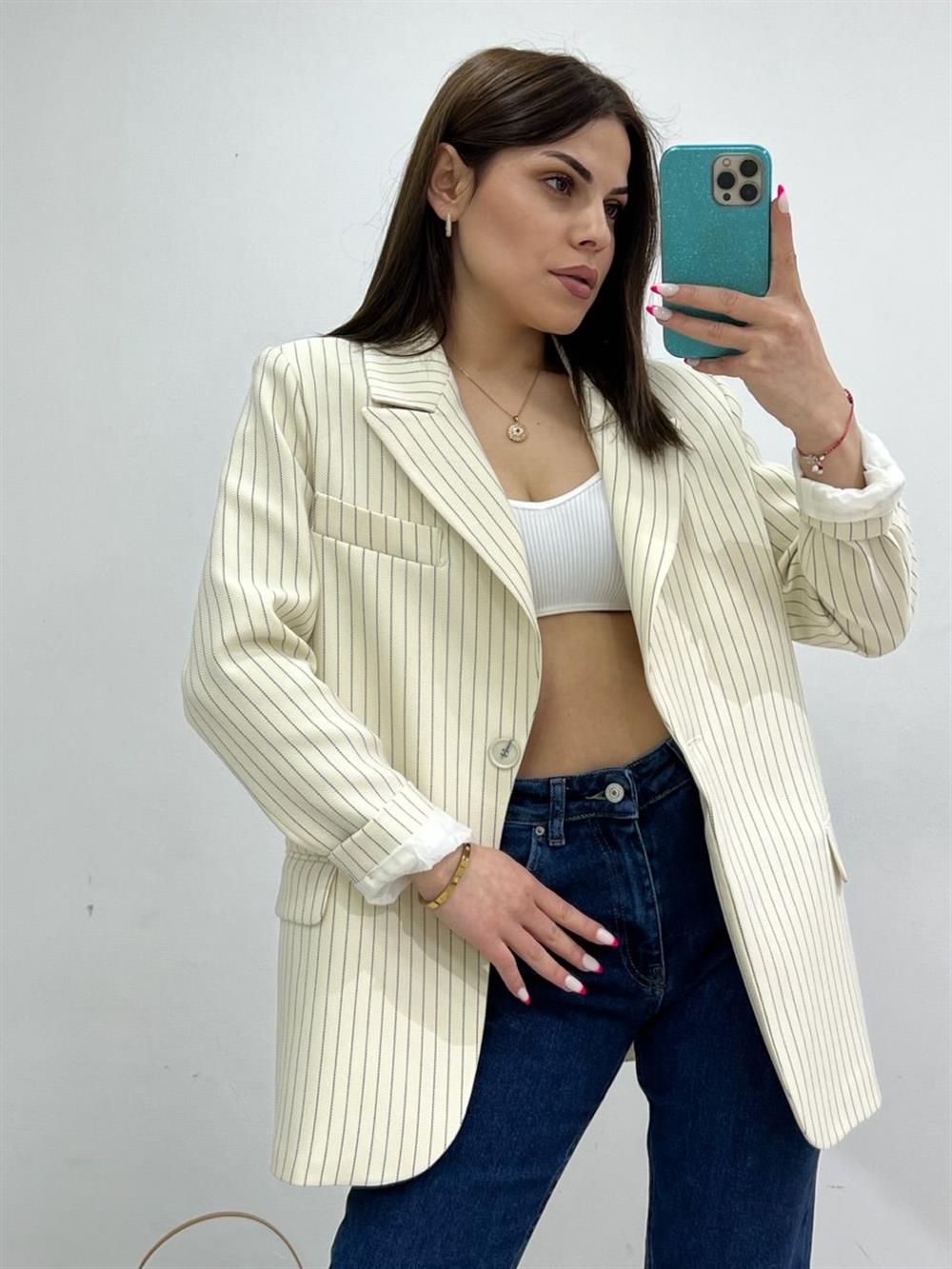 Çi̇zgi̇li̇ Blazer Ceket Ekru