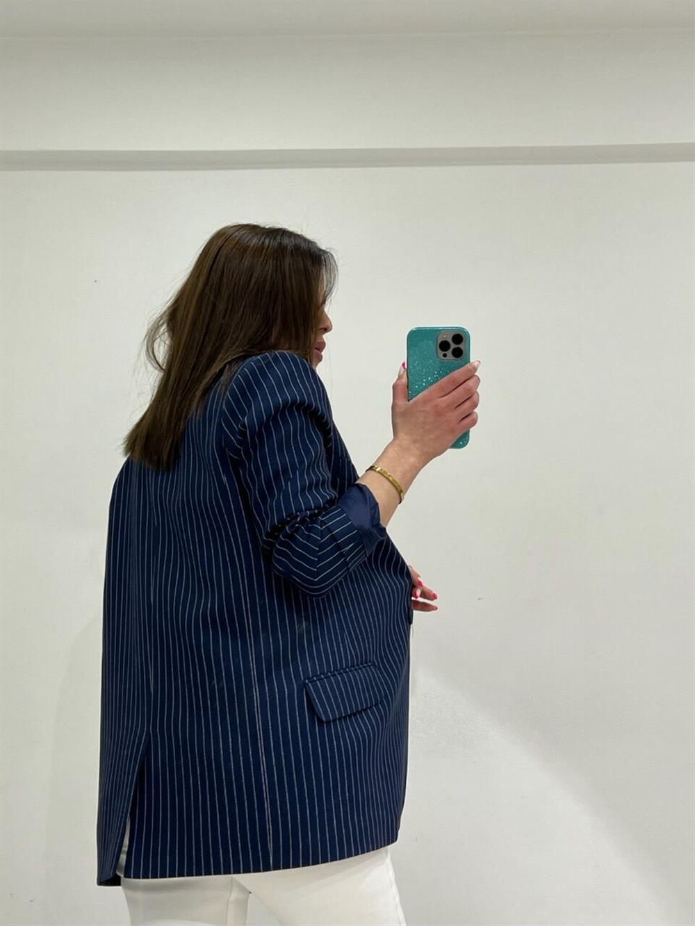 Çi̇zgi̇li̇ Blazer Ceket Laci̇vert