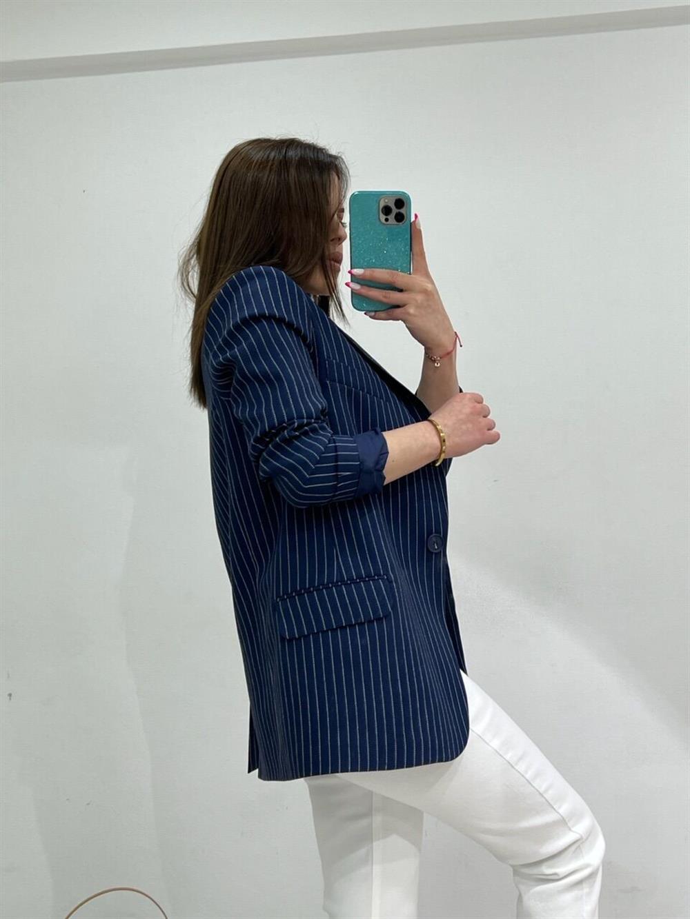 Çi̇zgi̇li̇ Blazer Ceket Laci̇vert