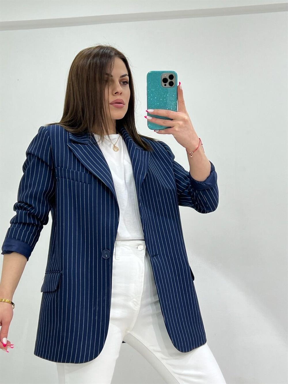 Çi̇zgi̇li̇ Blazer Ceket Laci̇vert