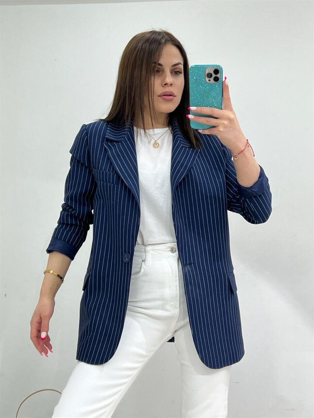 Çi̇zgi̇li̇ Blazer Ceket Laci̇vert