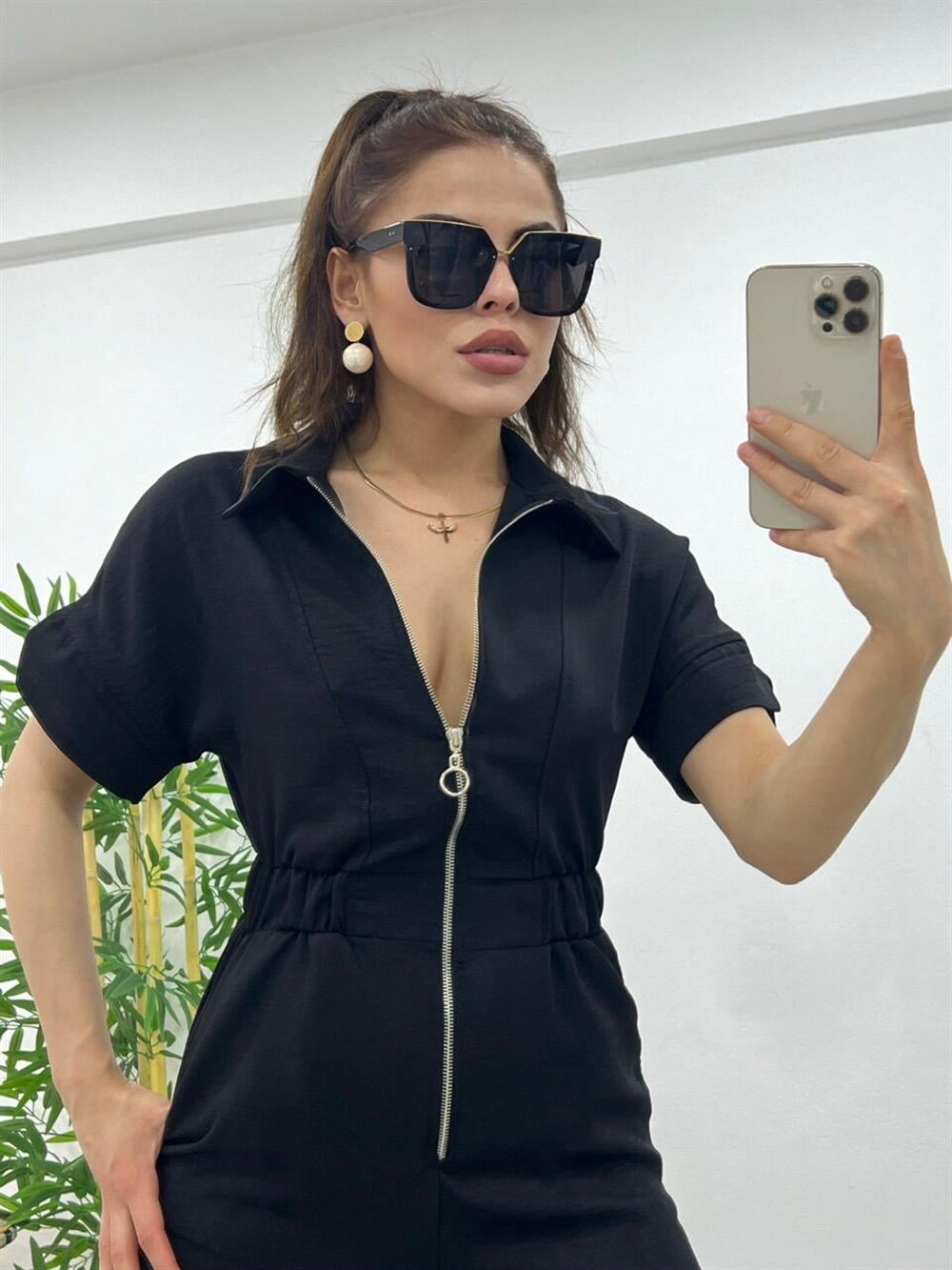 Fermuarli İndi̇go Si̇yah Tulum