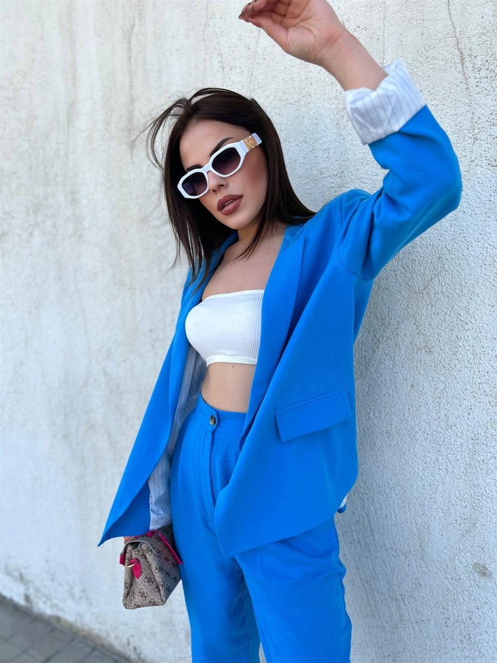 Ham Keten İçi̇ Astarli Tasarim Ceket Mavi̇