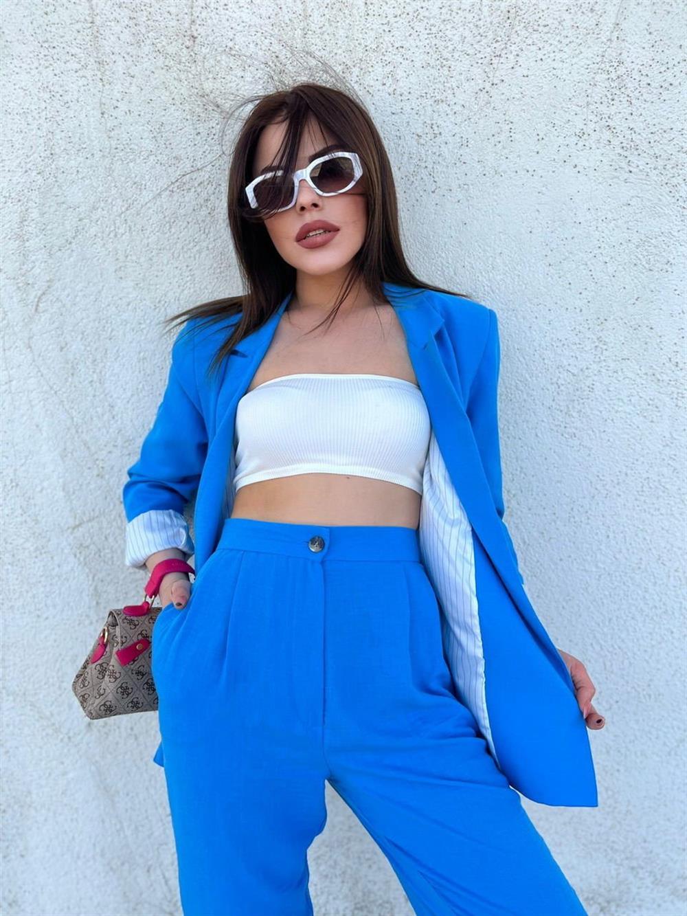 Ham Keten İçi̇ Astarli Tasarim Ceket Mavi̇