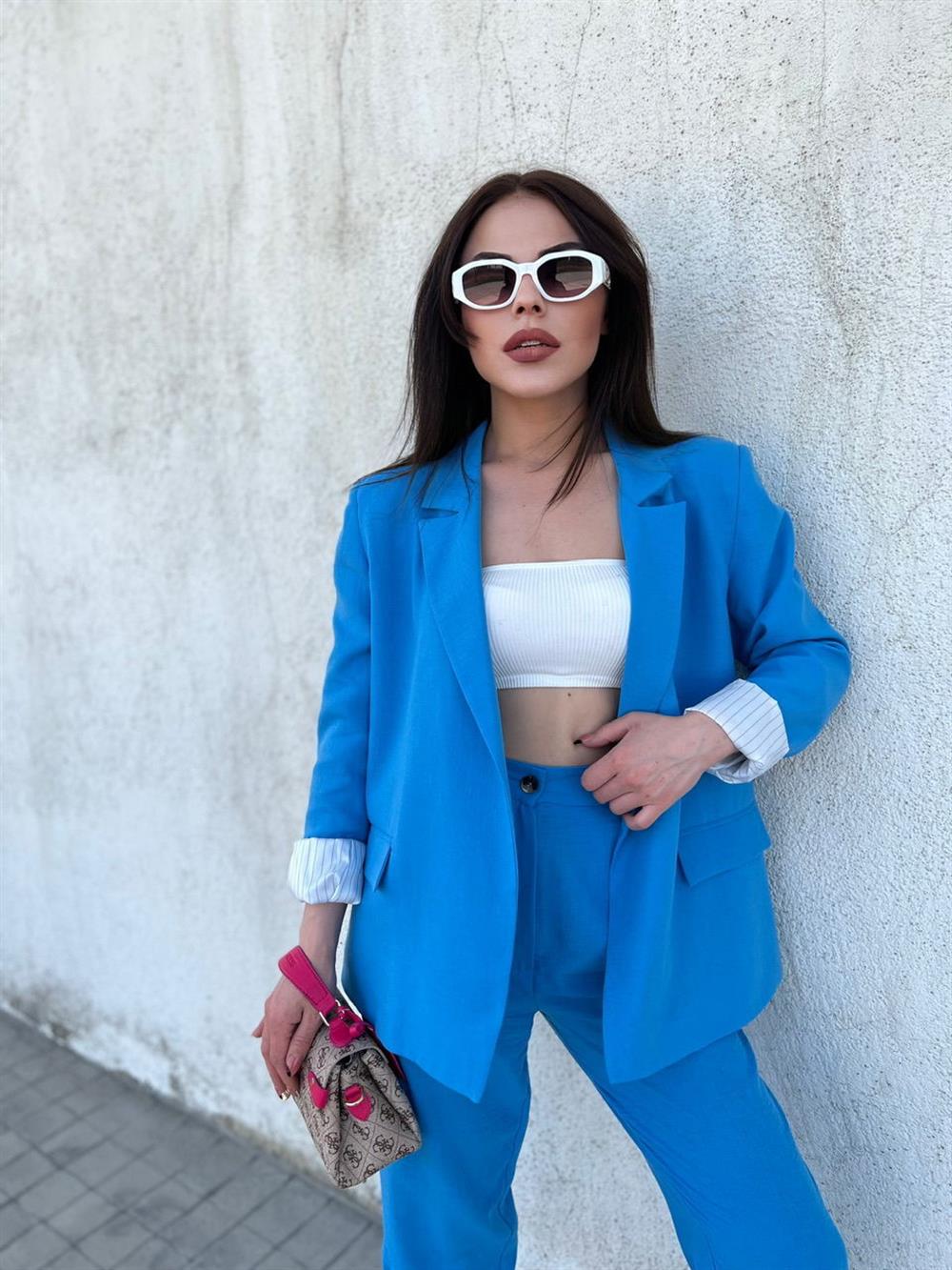 Ham Keten İçi̇ Astarli Tasarim Ceket Mavi̇