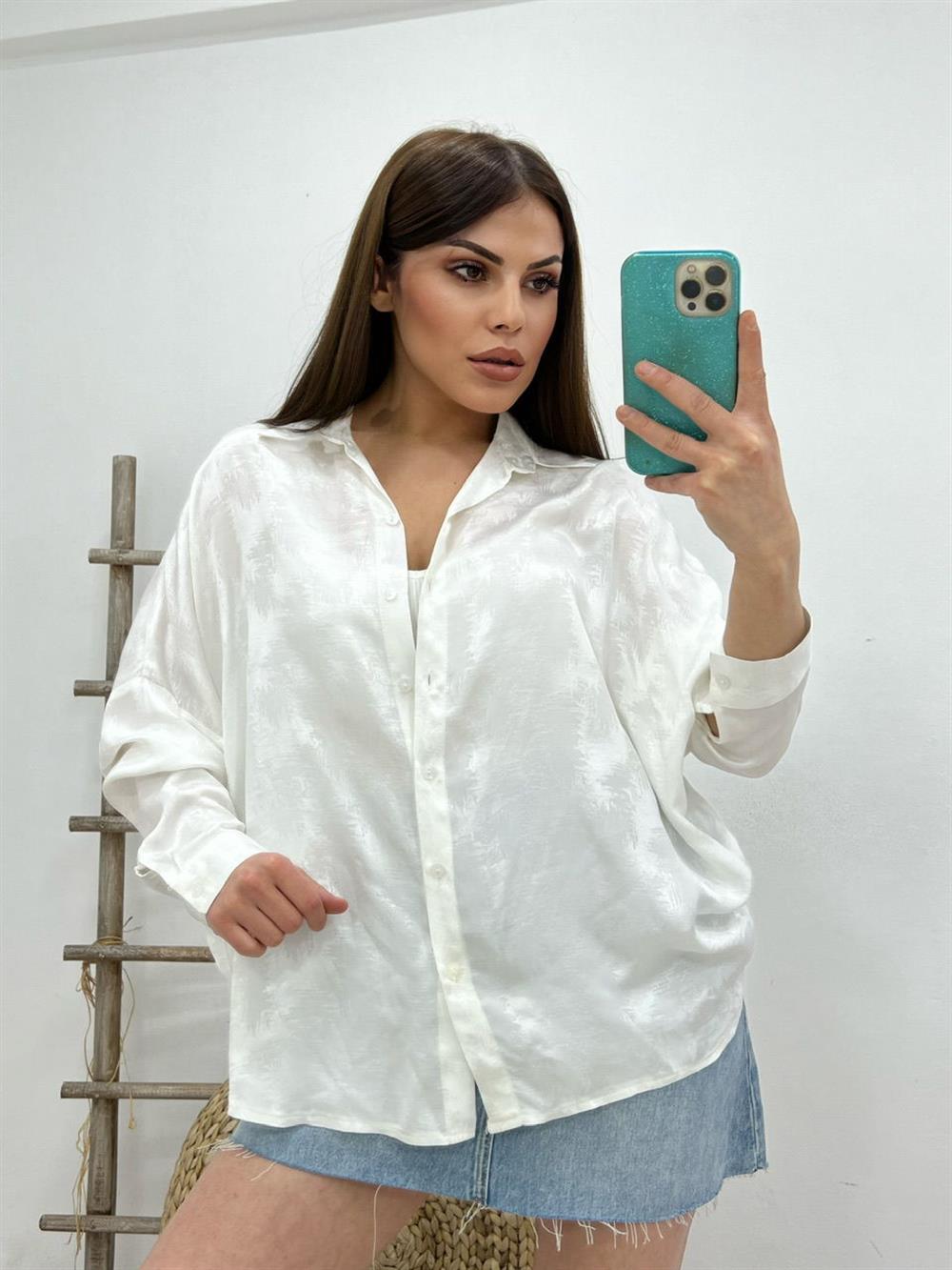 İpek Saten Gömlek Beyaz