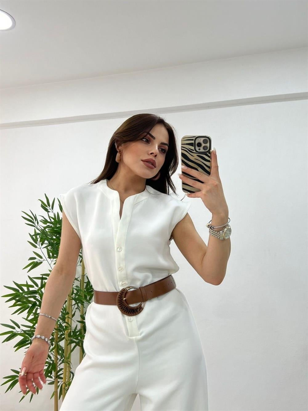 Kendi̇nden Kemerli̇ Beyaz Tulum
