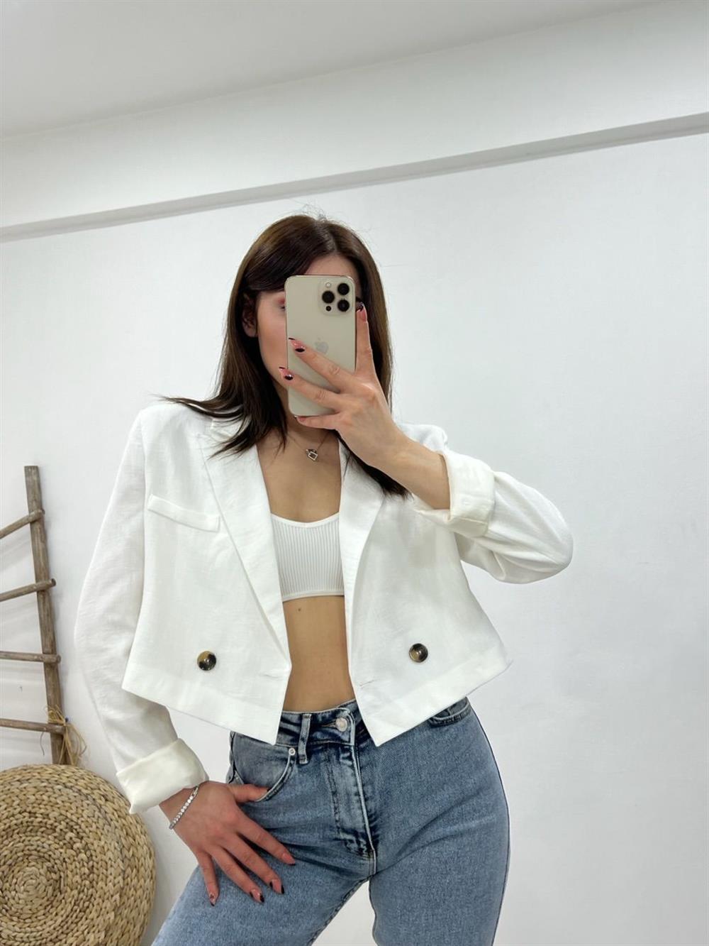 Kisa Keten Ceket Beyaz