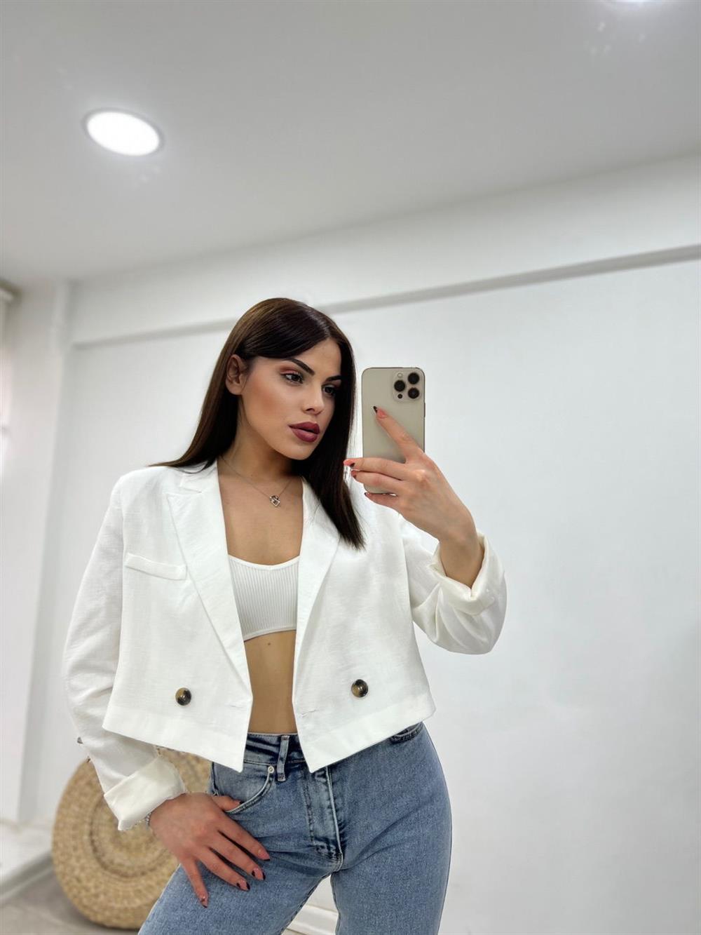 Kisa Keten Ceket Beyaz