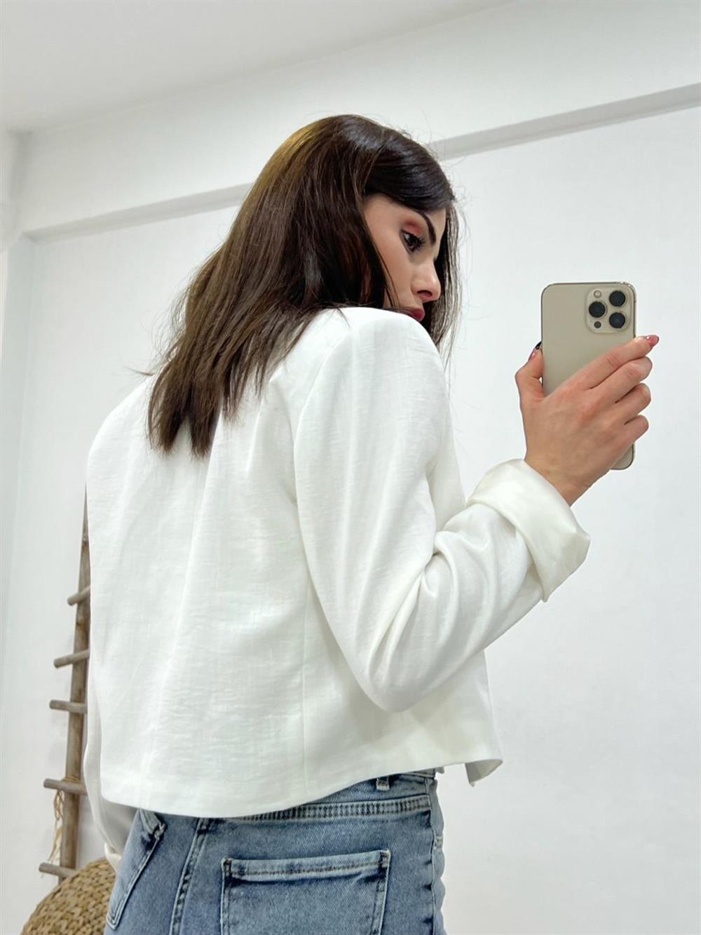 Kisa Keten Ceket Beyaz