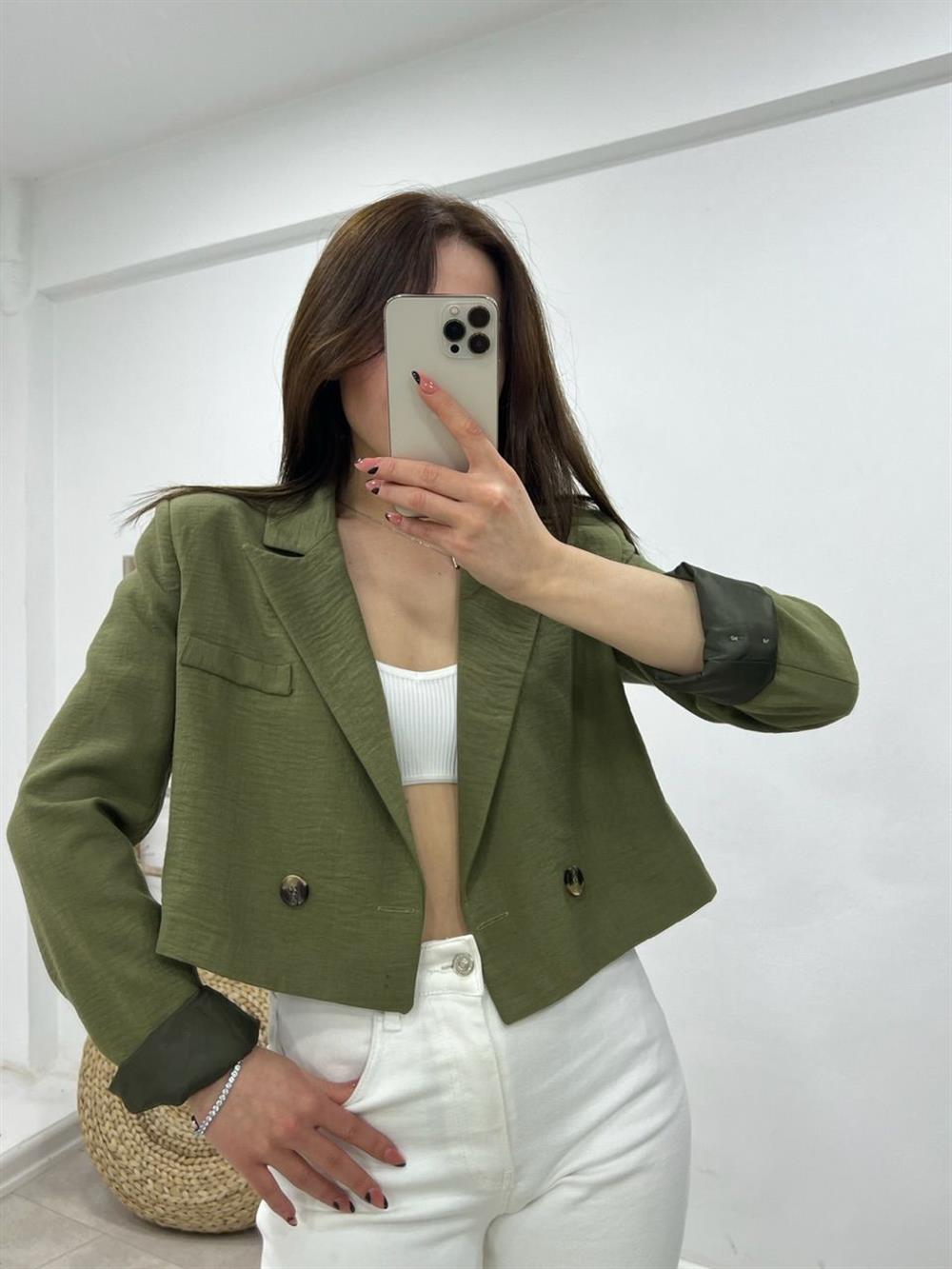 Kisa Keten Ceket Haki̇ Yeşi̇l