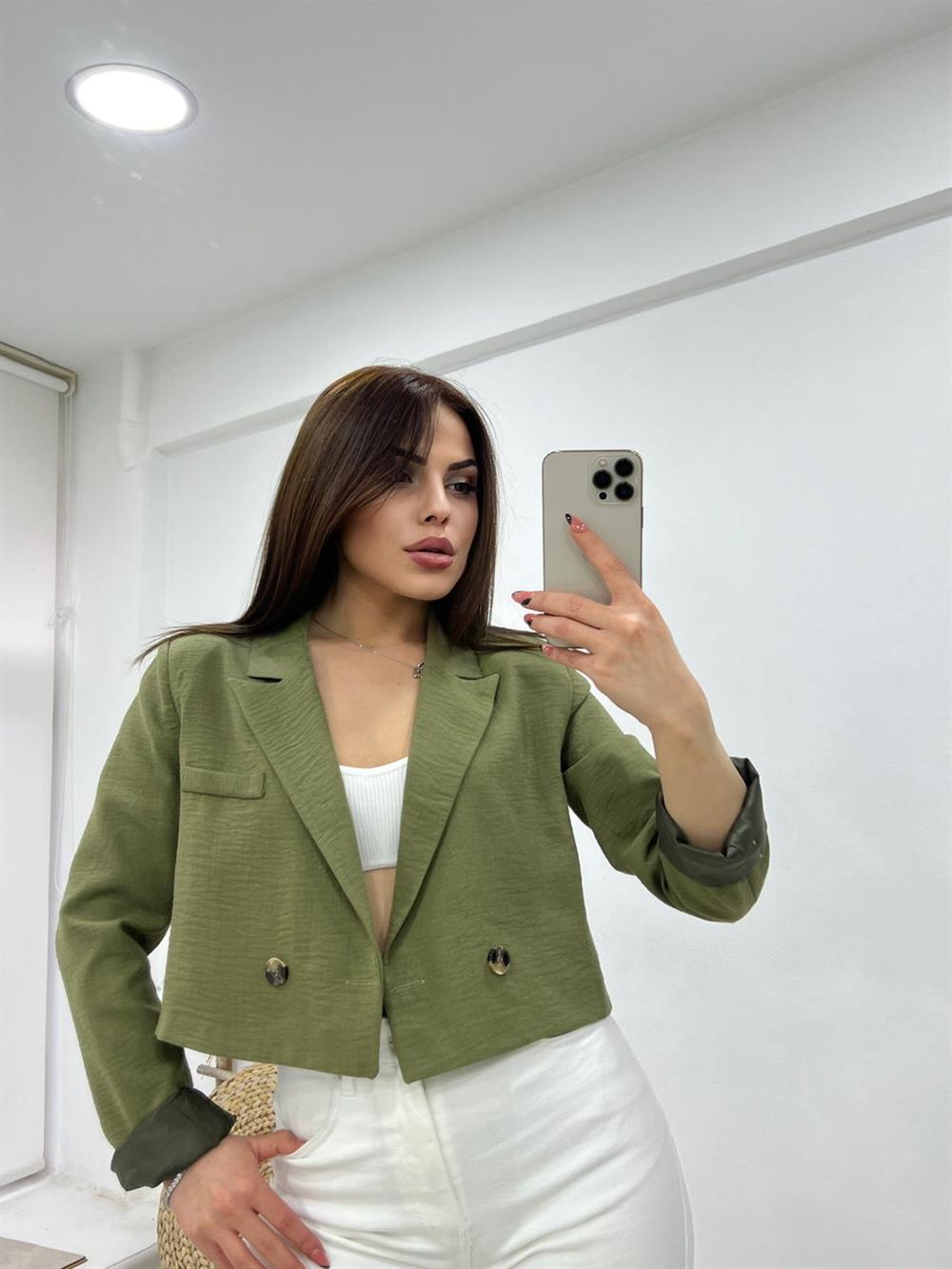 Kisa Keten Ceket Haki̇ Yeşi̇l