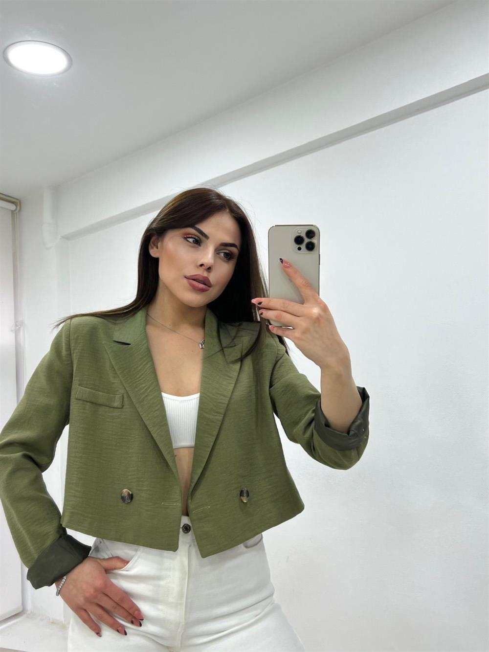 Kisa Keten Ceket Haki̇ Yeşi̇l