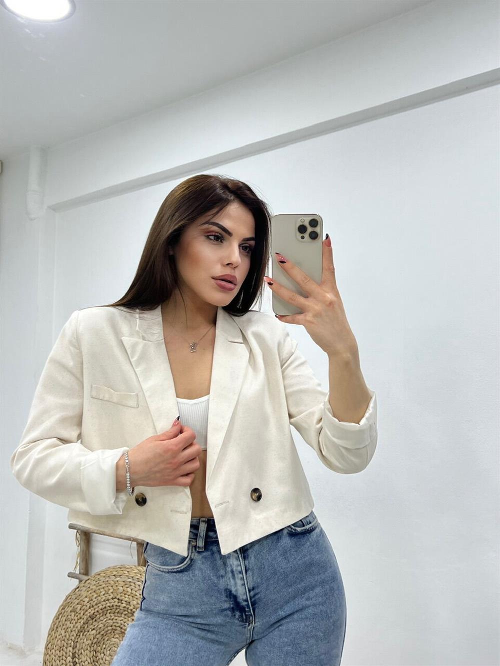 Kisa Keten Ceket Taş Rengi̇