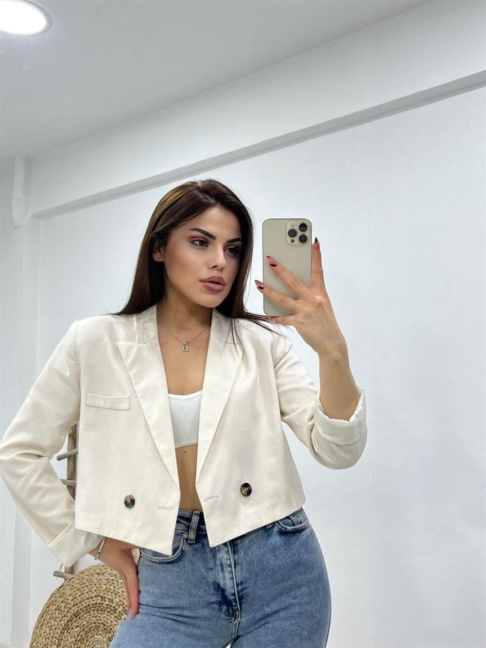 Kisa Keten Ceket Taş Rengi̇