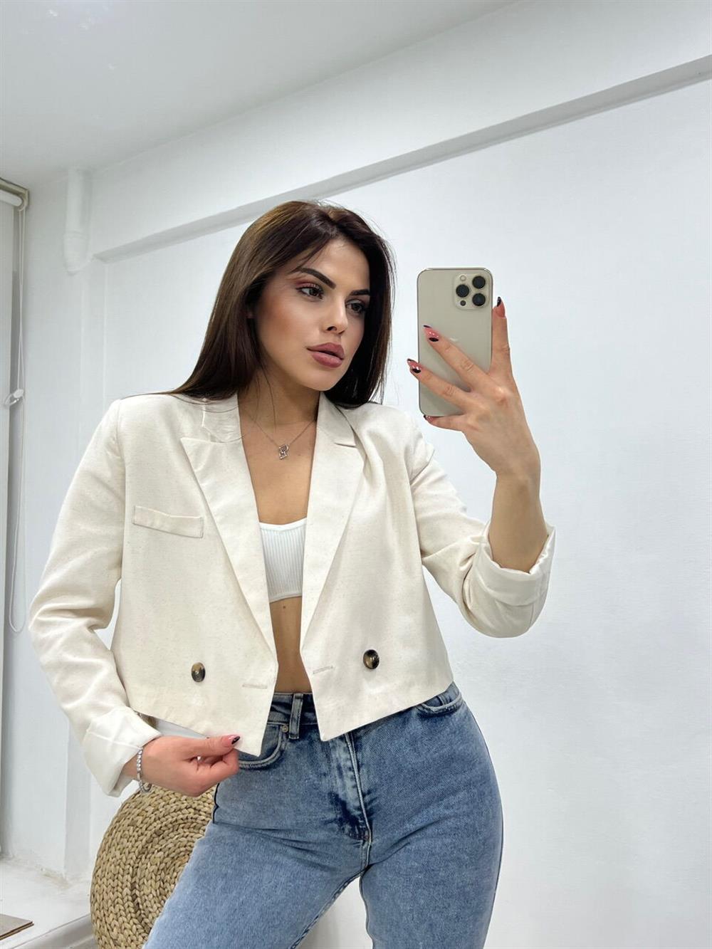 Kisa Keten Ceket Taş Rengi̇