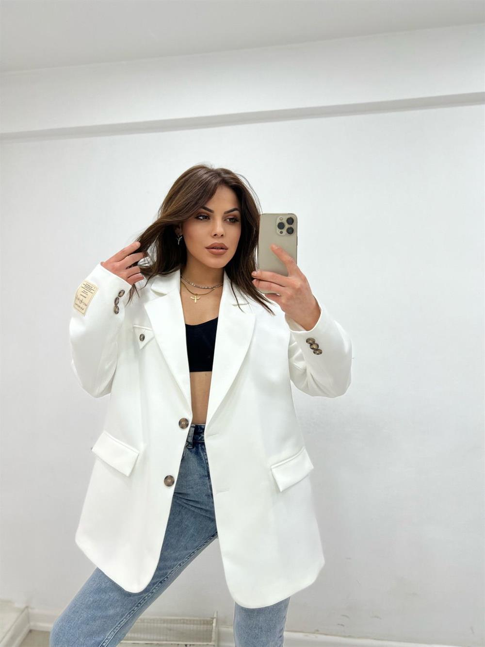 Grep Kumaş Astarli Blazer Ceket Beyaz