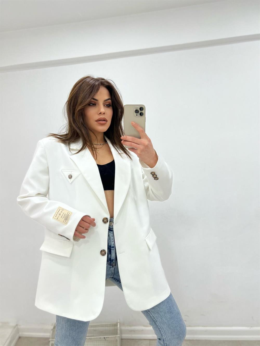 Grep Kumaş Astarli Blazer Ceket Beyaz