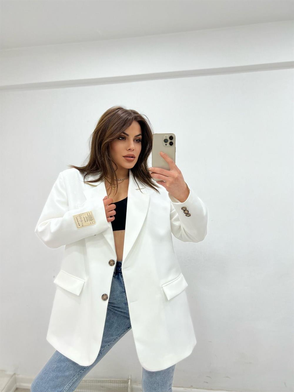 Grep Kumaş Astarli Blazer Ceket Beyaz