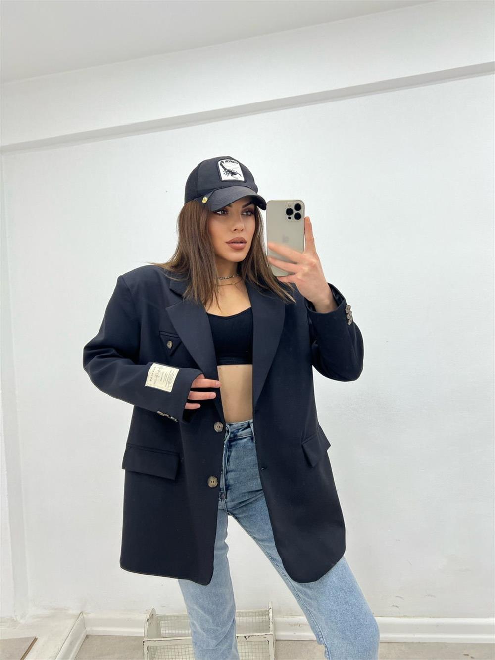 Grep Kumaş Astarli Blazer Ceket Si̇yah