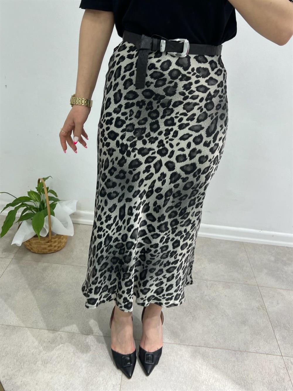 Leoparli Gri̇ Saten Etek