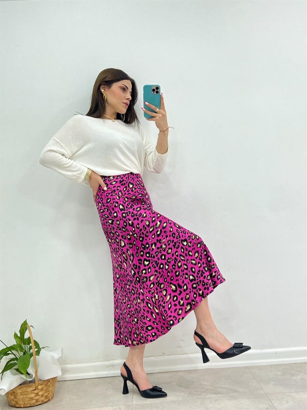 Leoparli Pembe Saten Etek