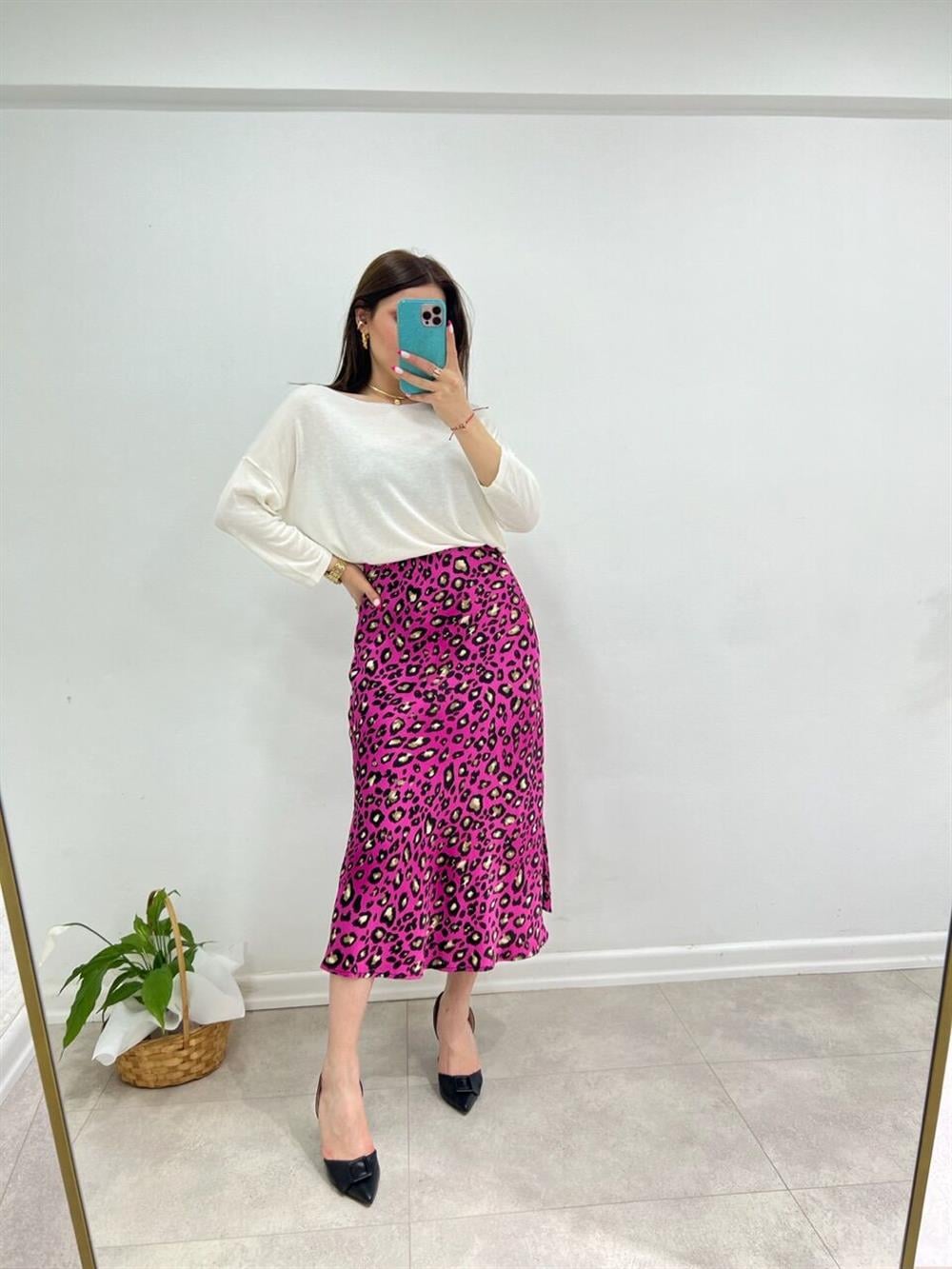 Leoparli Pembe Saten Etek