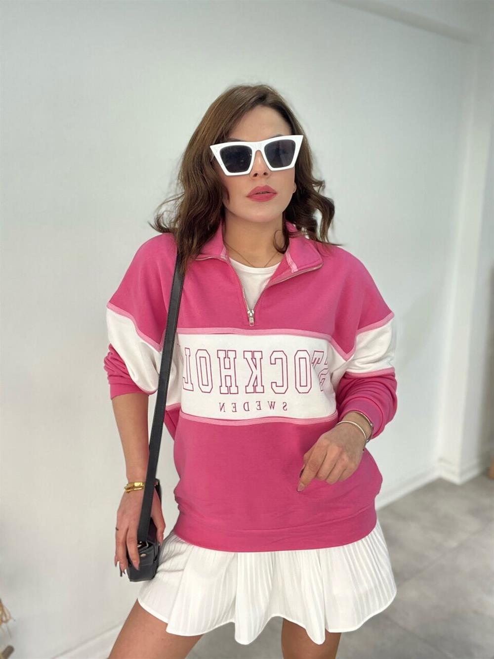 Pembe Yakasi Fermuarli Sweat