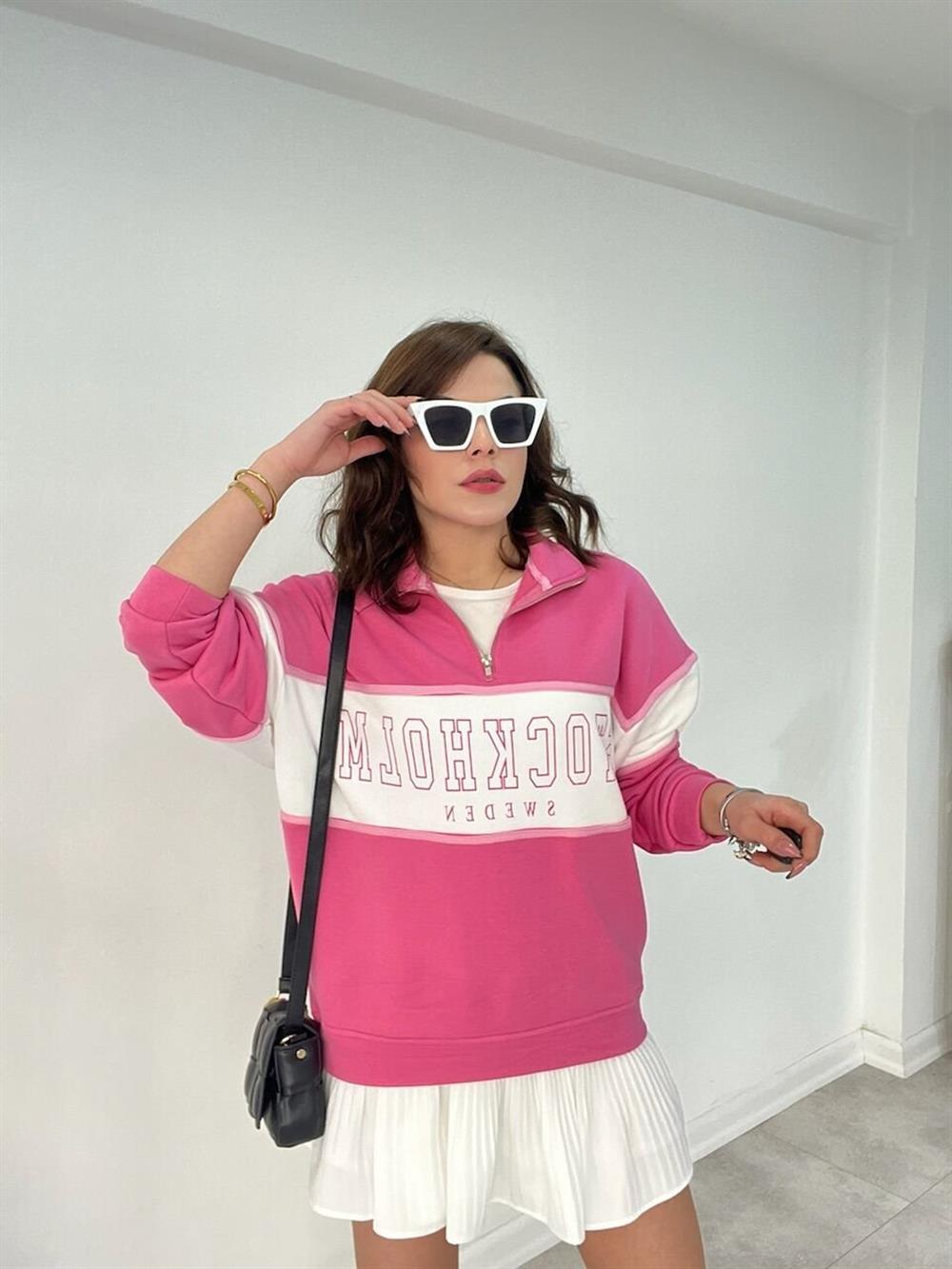 Pembe Yakasi Fermuarli Sweat