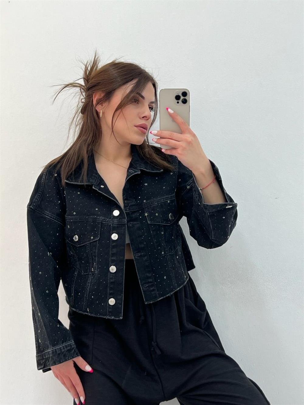 Taşli Kisa Kot Ceket Füme