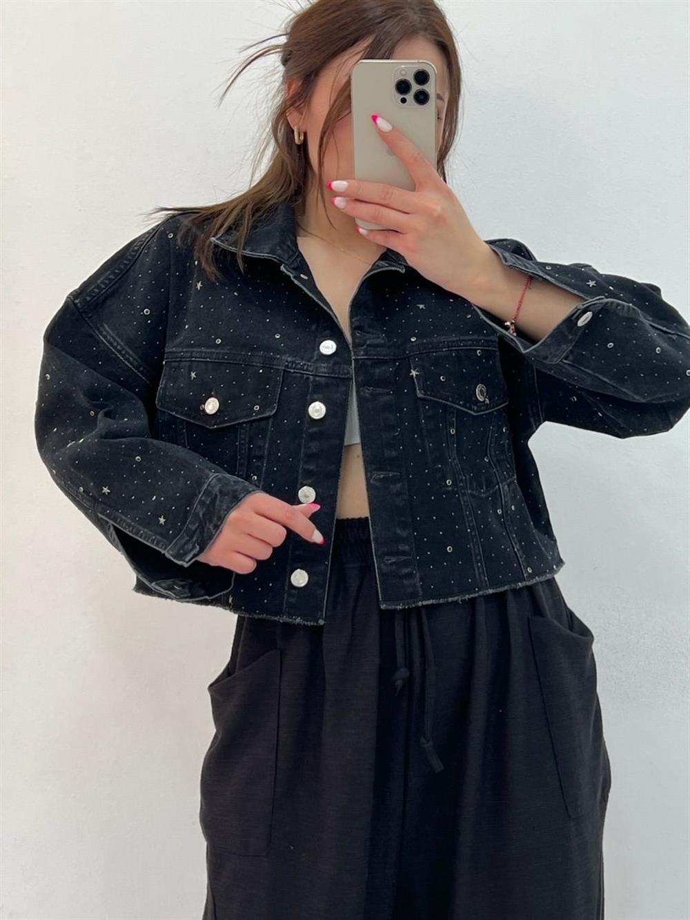 Taşli Kisa Kot Ceket Füme