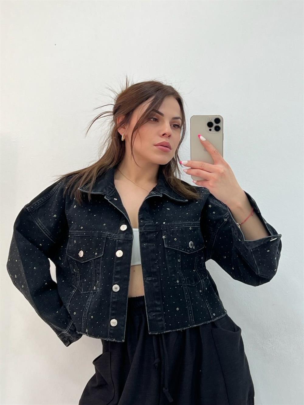 Taşli Kisa Kot Ceket Füme