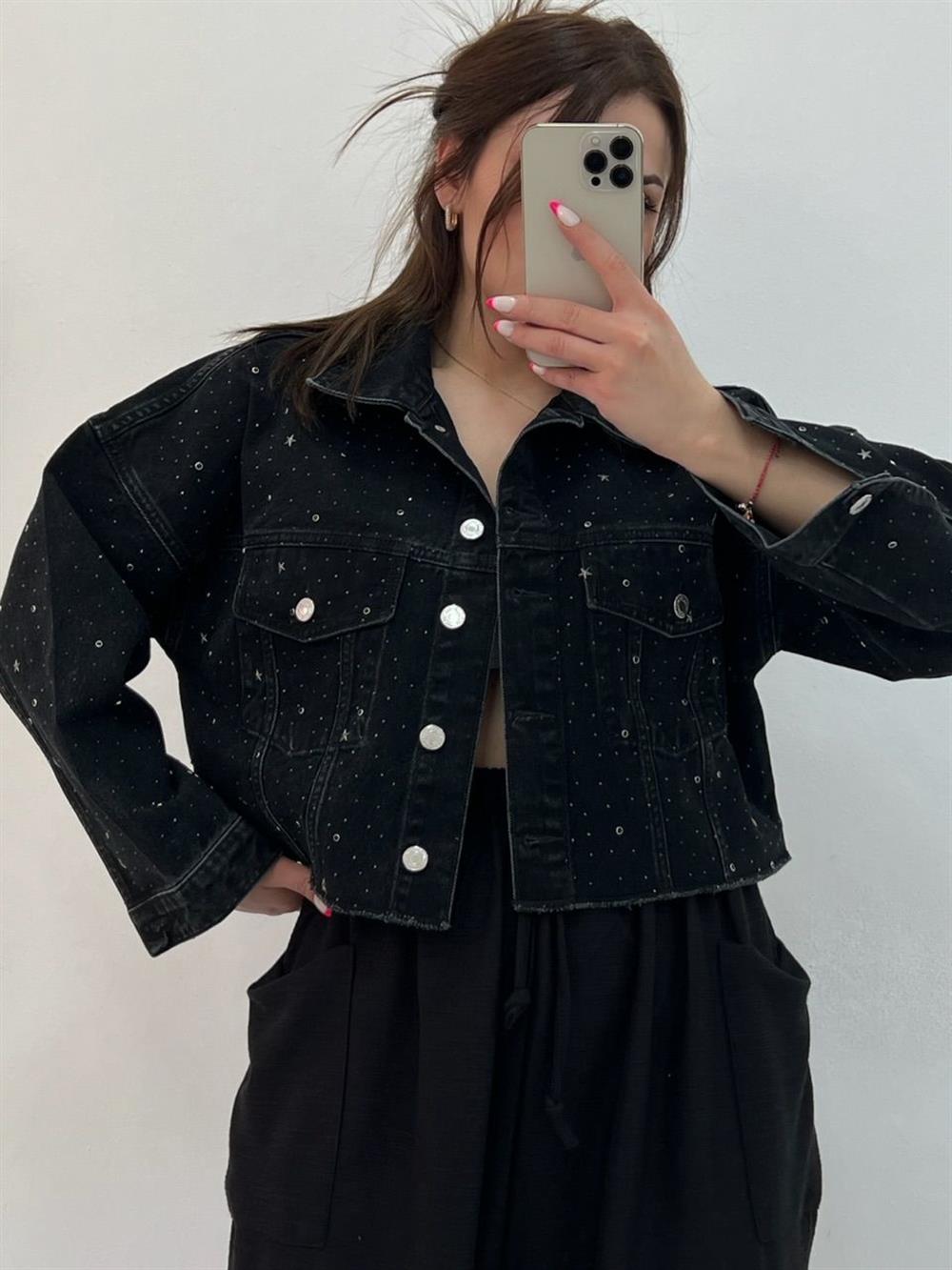 Taşli Kisa Kot Ceket Füme