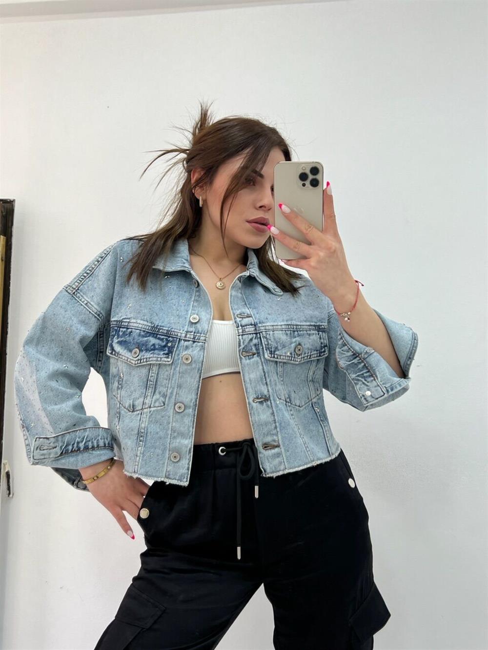 Taşli Kisa Kot Ceket Mavi̇