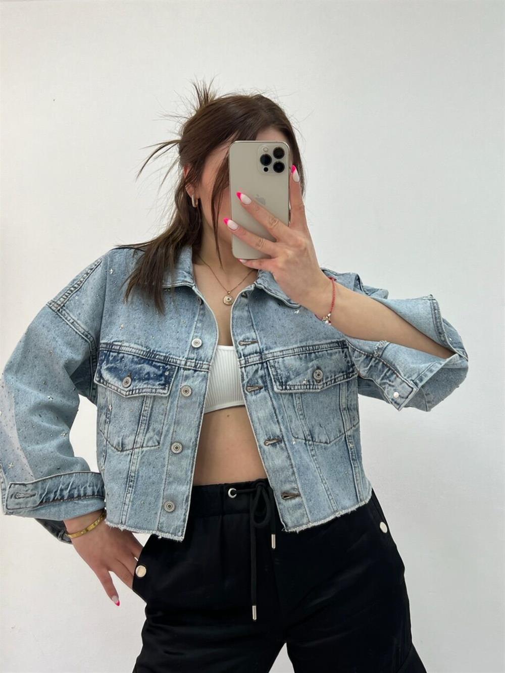 Taşli Kisa Kot Ceket Mavi̇