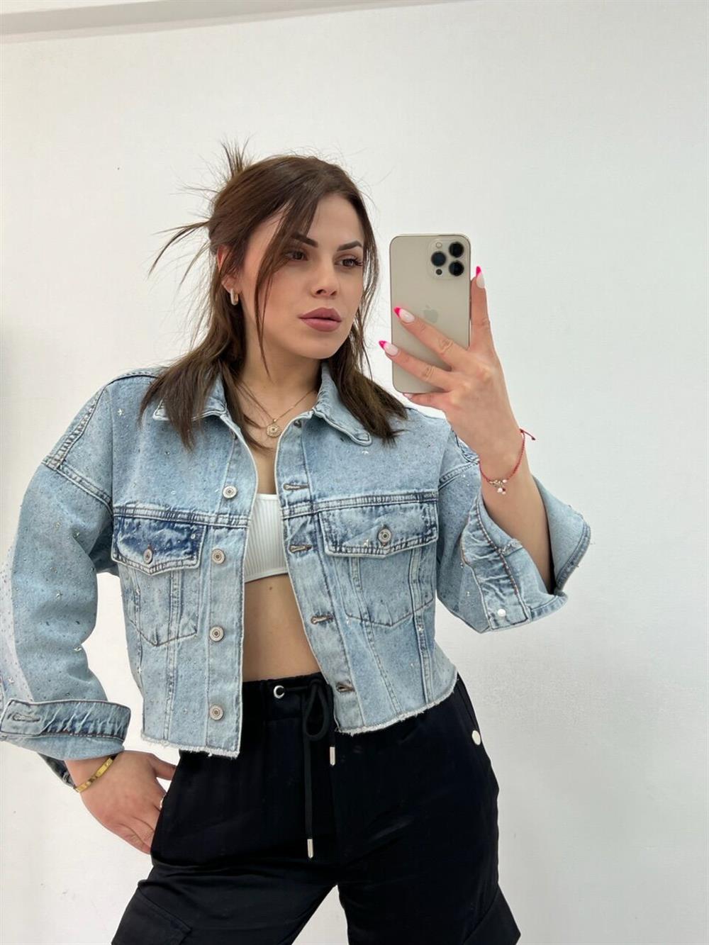 Taşli Kisa Kot Ceket Mavi̇