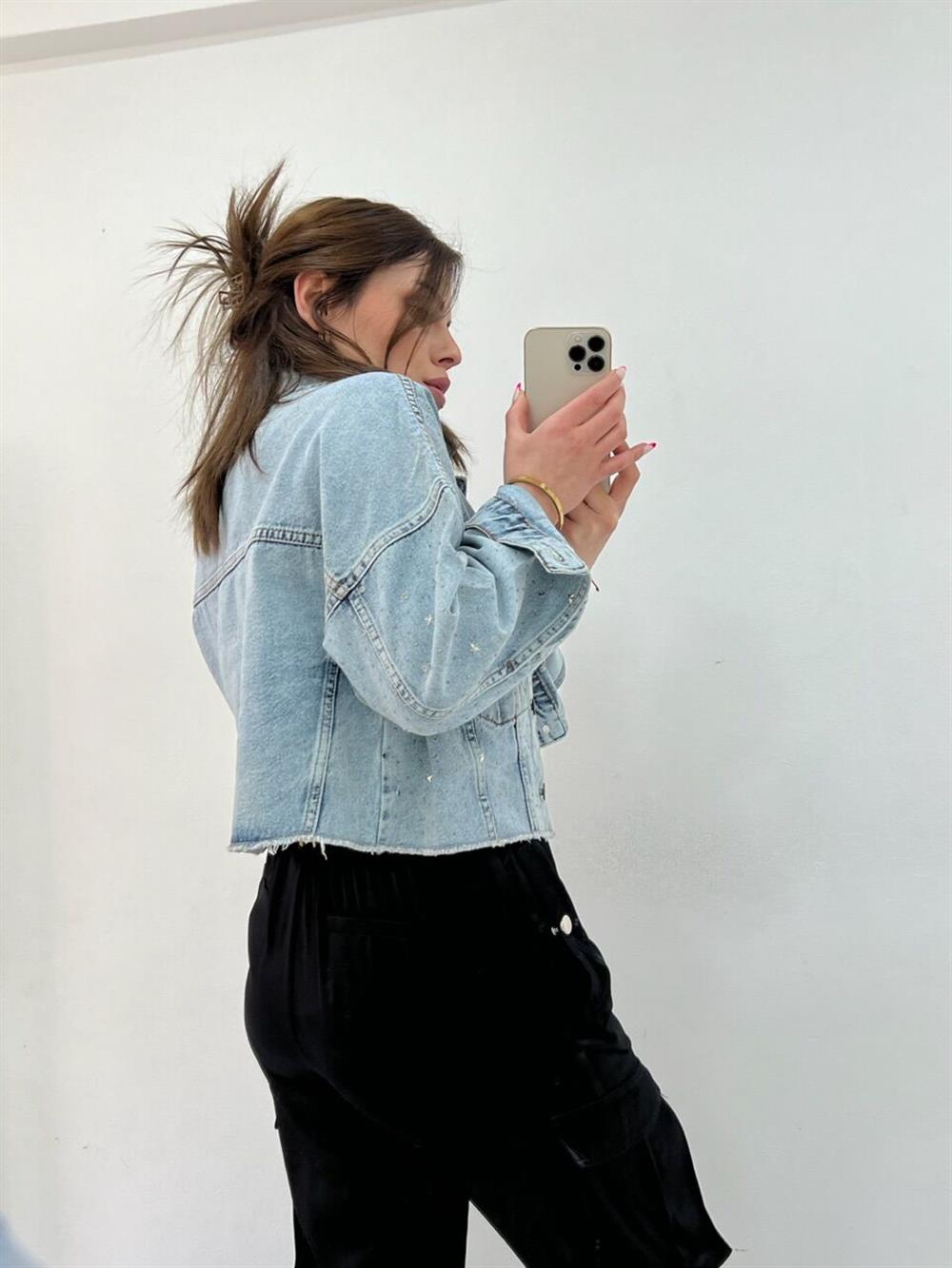 Taşli Kisa Kot Ceket Mavi̇