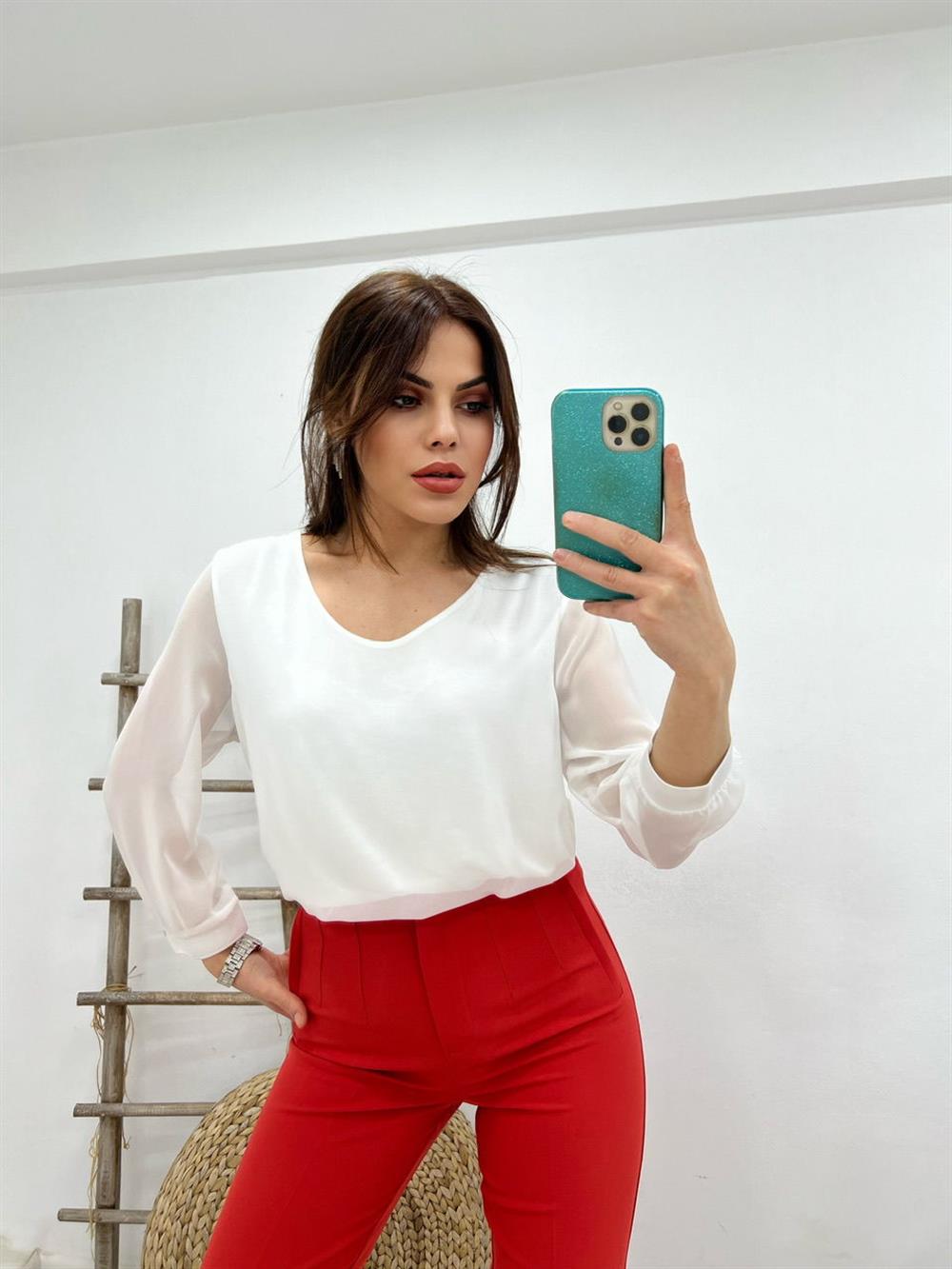 Tül V Yaka Bluz Beyaz