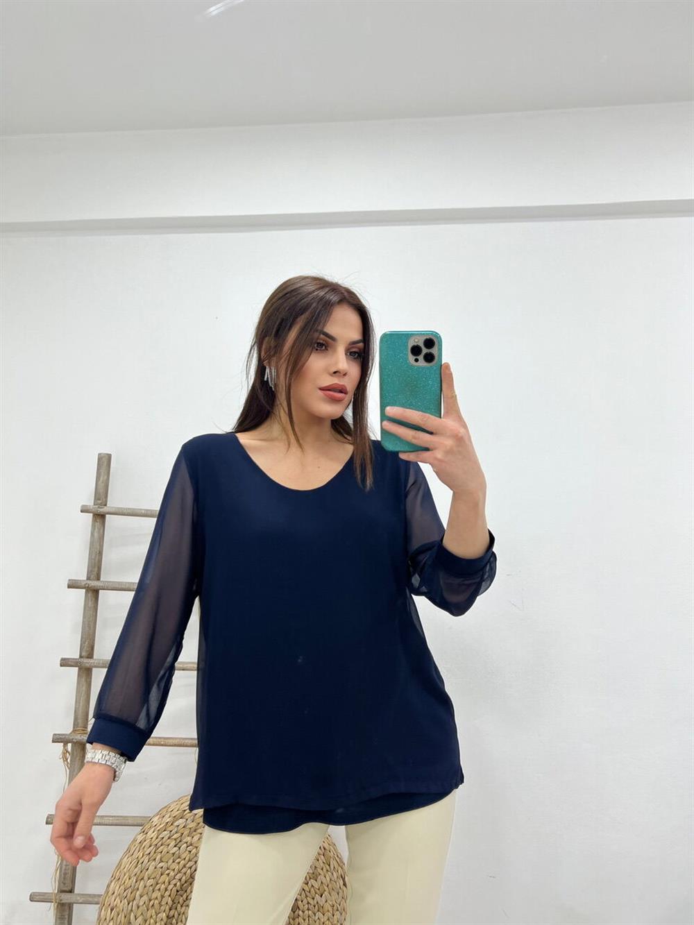 Tül V Yaka Bluz Laci̇vert