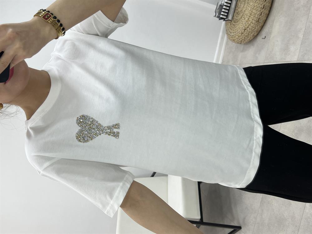 A Yazili Gold Taşli Beyaz Tshi̇rt