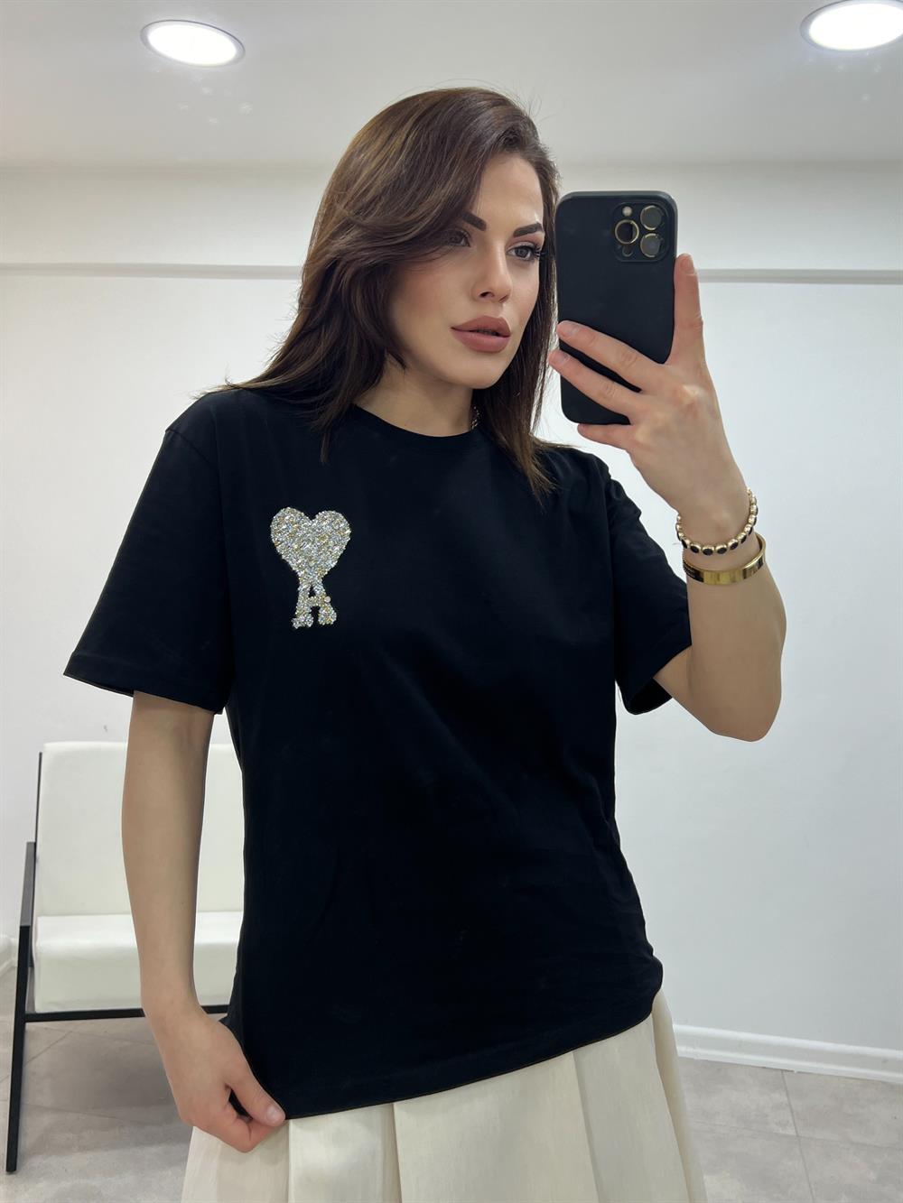 A Yazili Gold Taşli Si̇yah Tshi̇rt